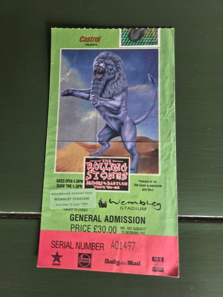 Concertkaart Rolling Stones Wembley 12 juni 1999, Ophalen of Verzenden, Zo goed als nieuw, Overige typen