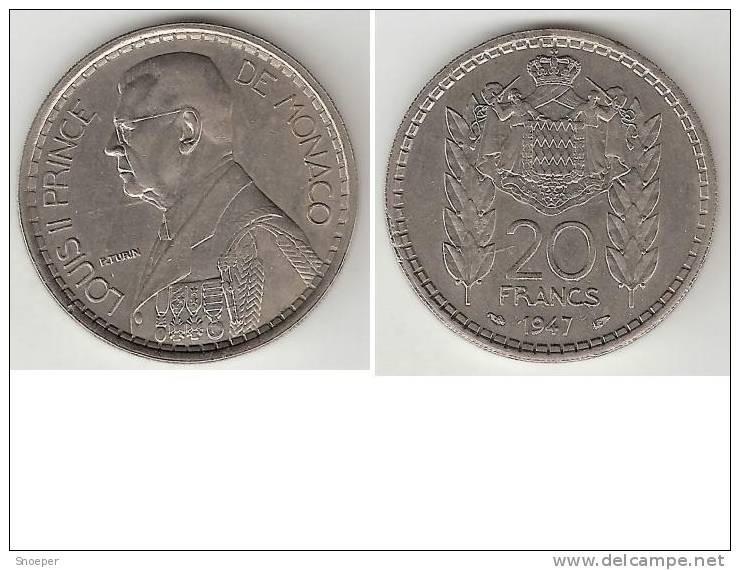 monaco 20 francs 1947 km 124unc/ms63  cat val  30,00$, Verzenden, Overige landen, Losse munt