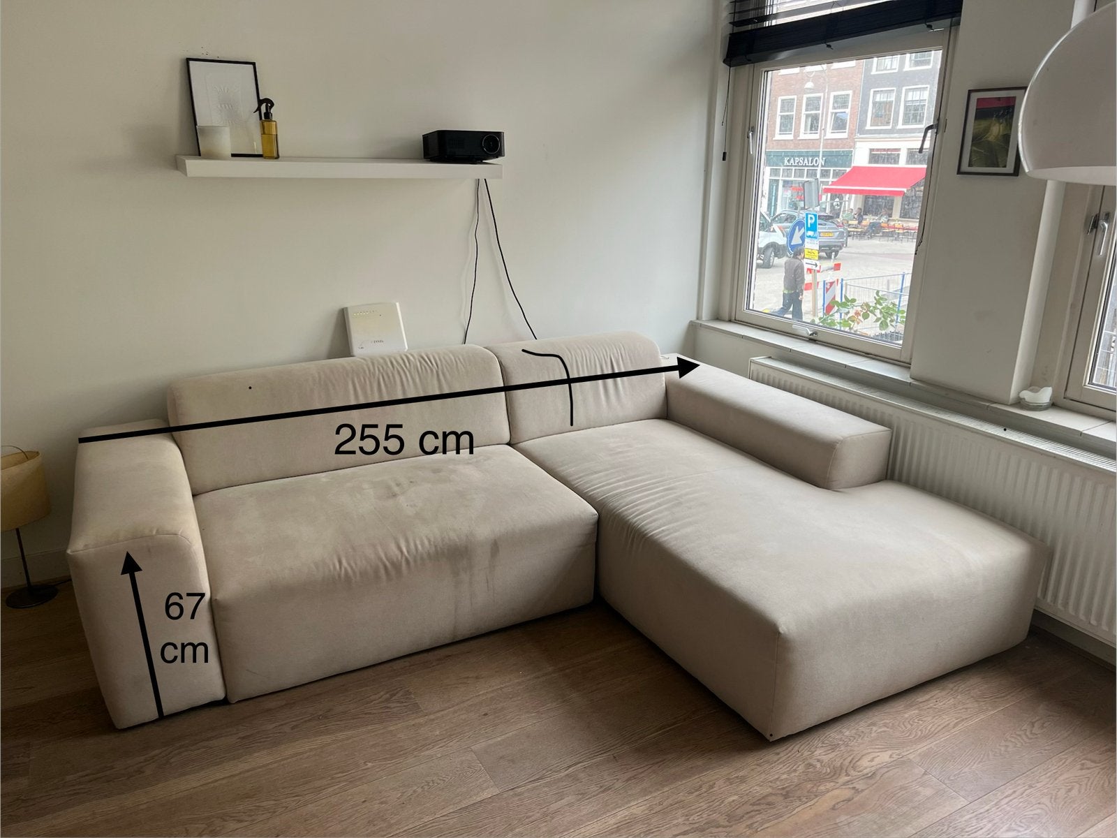Crèmekleurige hoekbank met chaise longue, Huis en Inrichting, Ophalen, Gebruikt, Stof