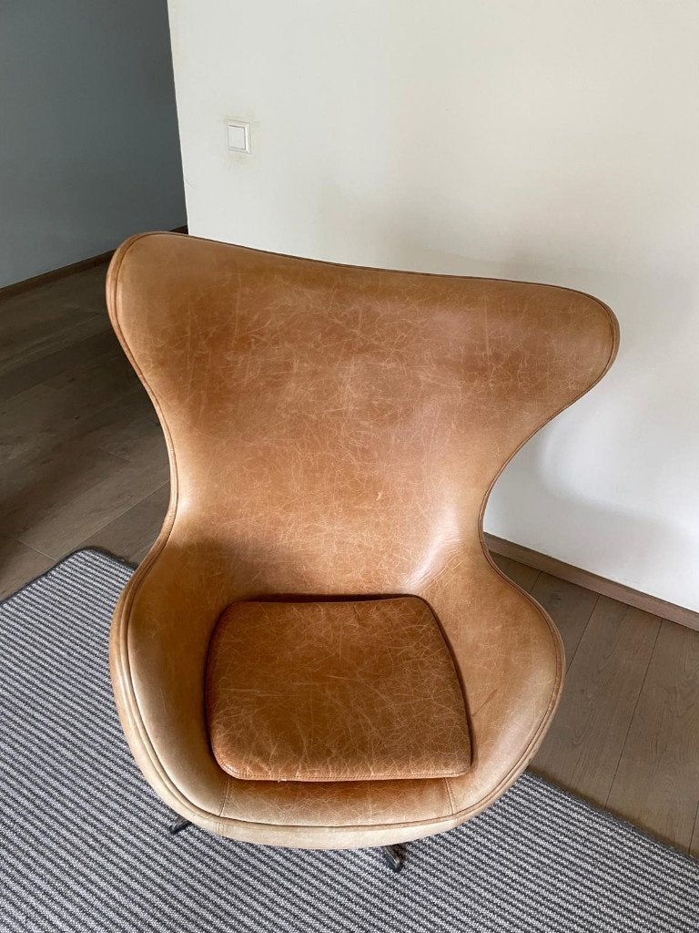Egg Chair, replica van Arne Jacobsen, cognac leer,, Klassiek, modern, Gebruikt, 100 tot 125 cm, Leer