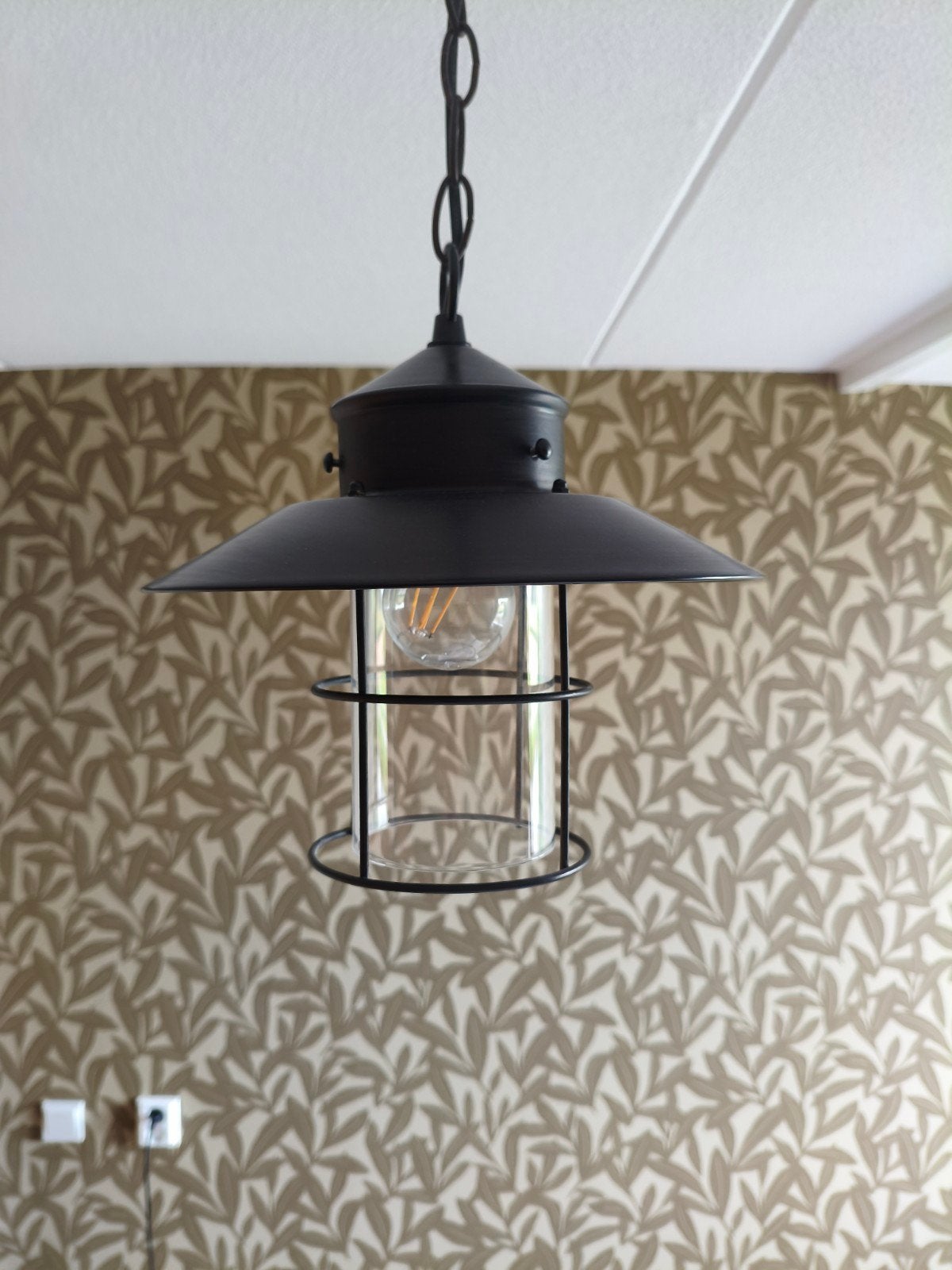 Zwarte Industriële Hanglamp met Glazen Cilinder, Gebruikt, Glas, Industrieel, E27 (groot)