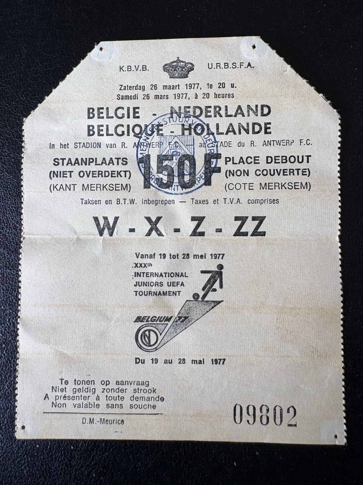 Ticket wedstrijd  Belgie-Nederland Antwerpen 26 maart 1977, Tickets en Kaartjes, Eén persoon