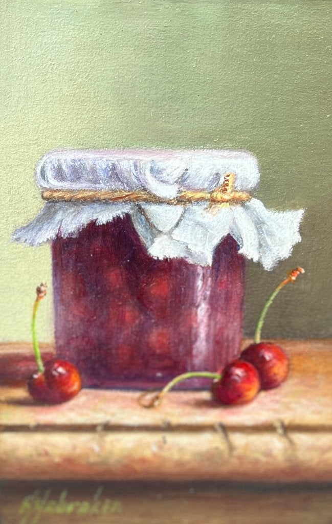 Schilderij kersen in een weckpot op paneel. Hans Habraken., Paneel, Realistisch, Origineel werk, Stilleven