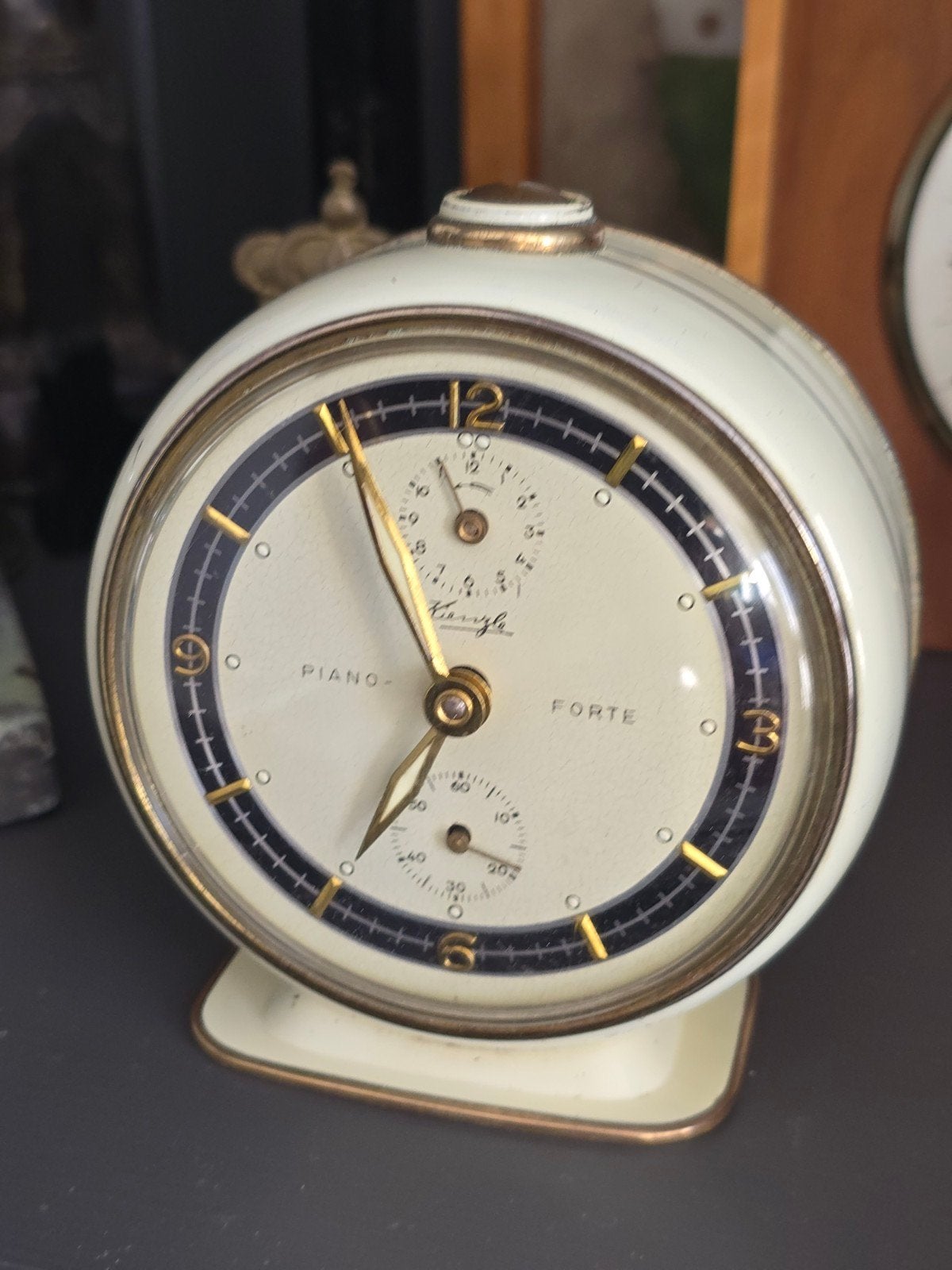 Vintage antieke 50S Kienzle Piano Forte wekker crème goud, Ophalen of Verzenden
