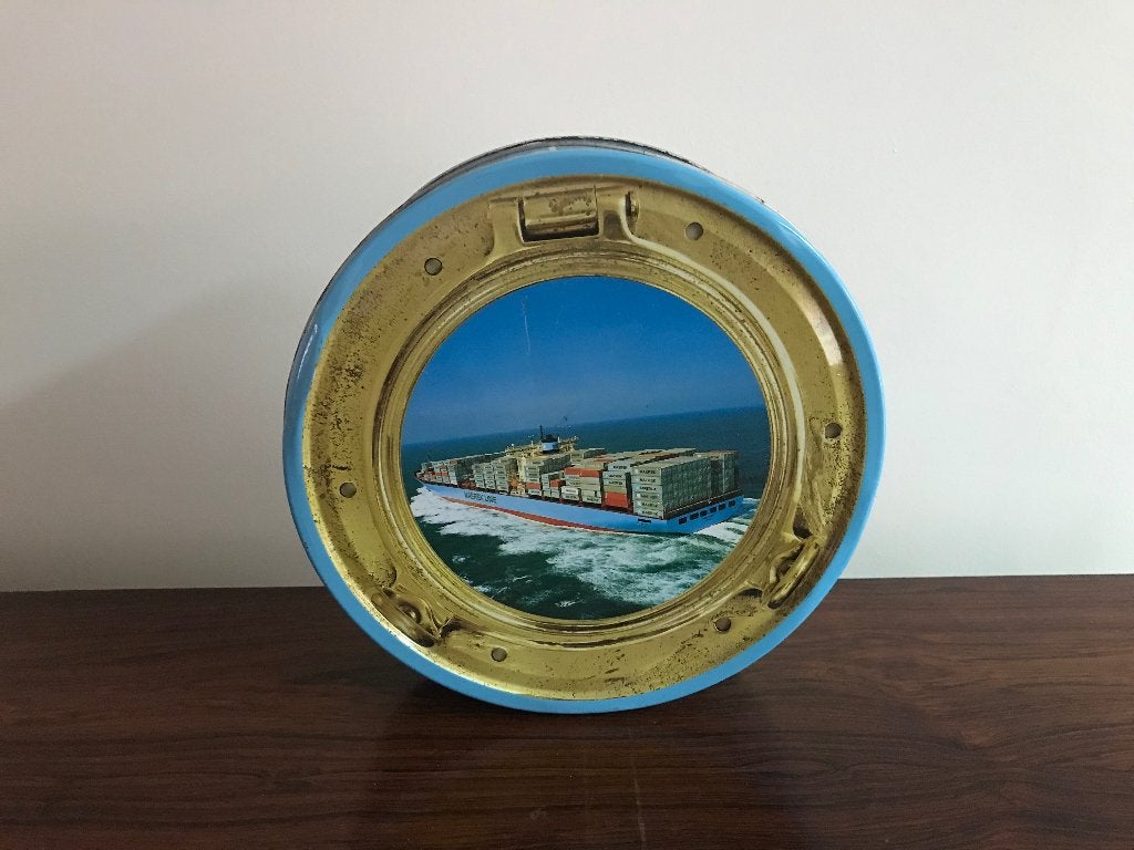 Rond blik blikken doos decor Maersk schepen containers, Verzamelen, Ophalen of Verzenden, Gebruikt, Overige