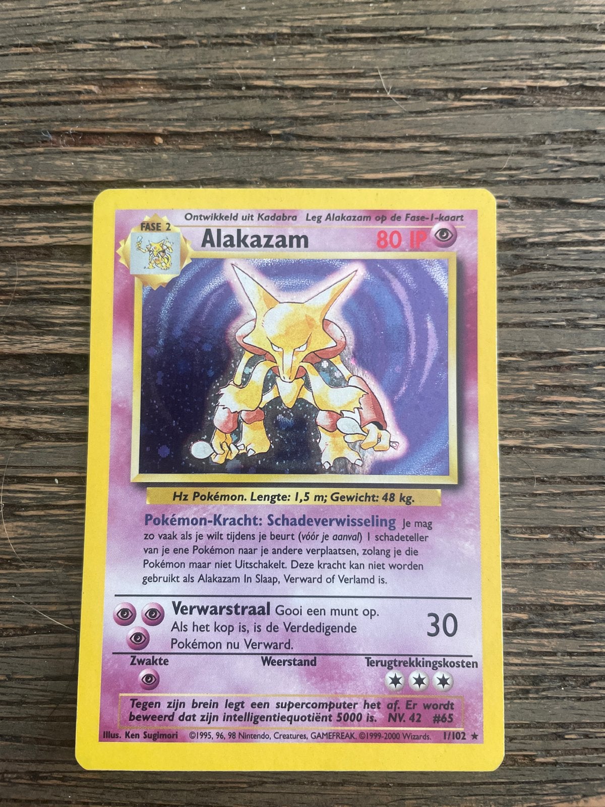 Alakazam Pokémon kaart 1/102 Base Set Holo Rare, Verzenden, Gebruikt, Losse kaart
