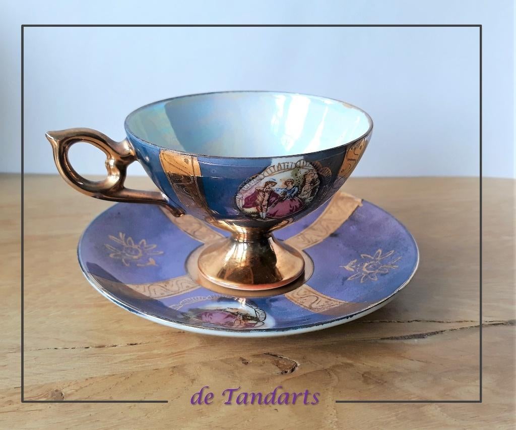 Blauw verguld parelmoer kop en schotel – porselein, Antiek en Kunst, Antiek | Servies los, Ophalen of Verzenden
