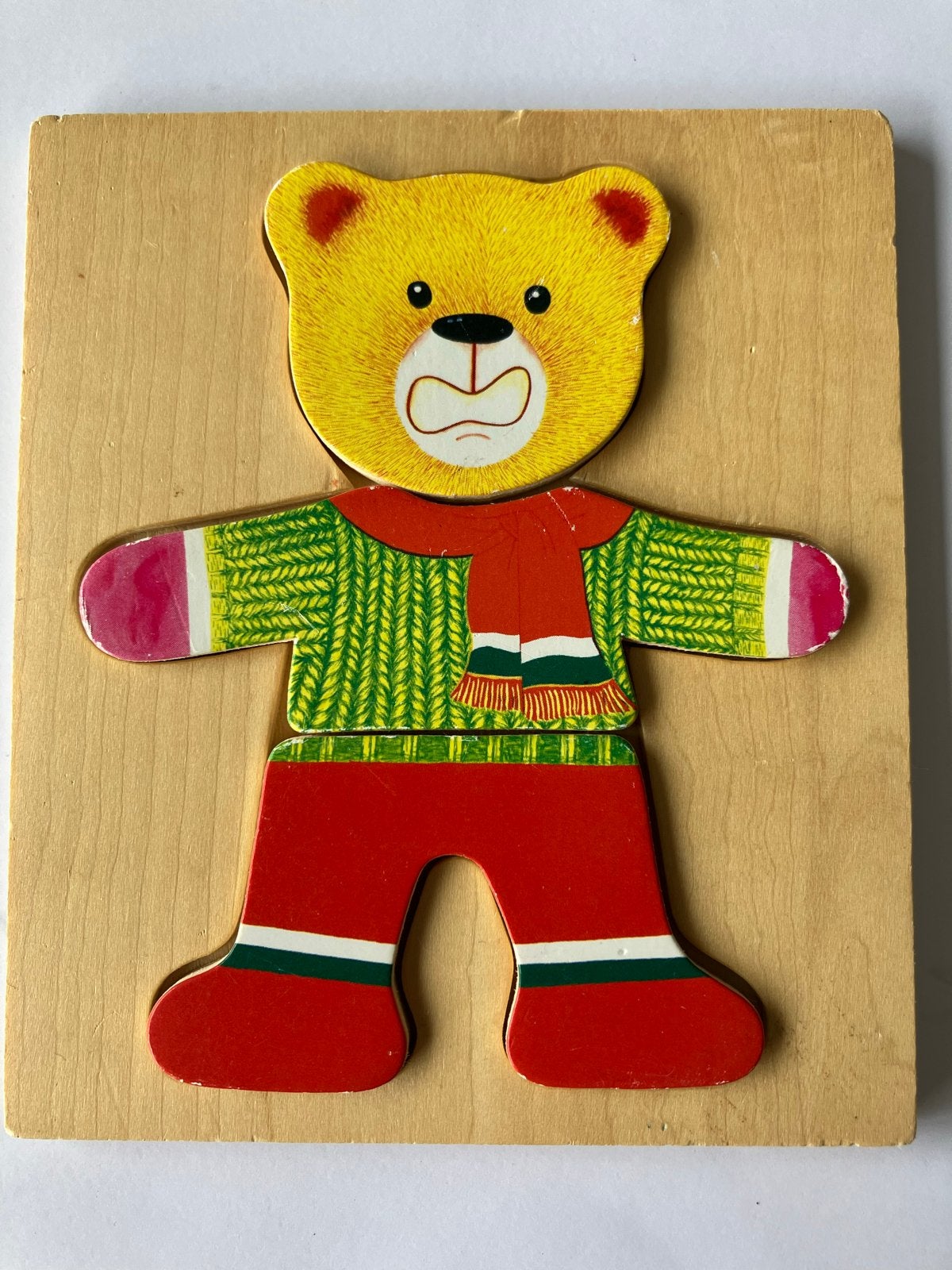 Houten beer puzzel met verschillende outfits, Ophalen, 2 tot 4 jaar, Gebruikt, Van hout