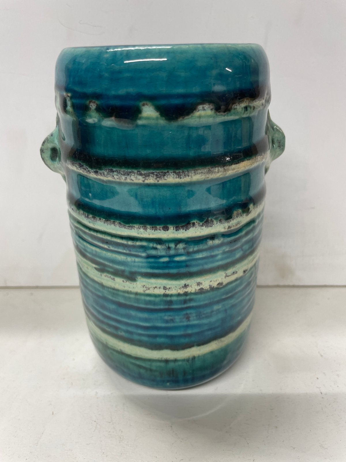 Vintage turquoise keramische vaas met handvatten, Antiek en Kunst, Ophalen of Verzenden