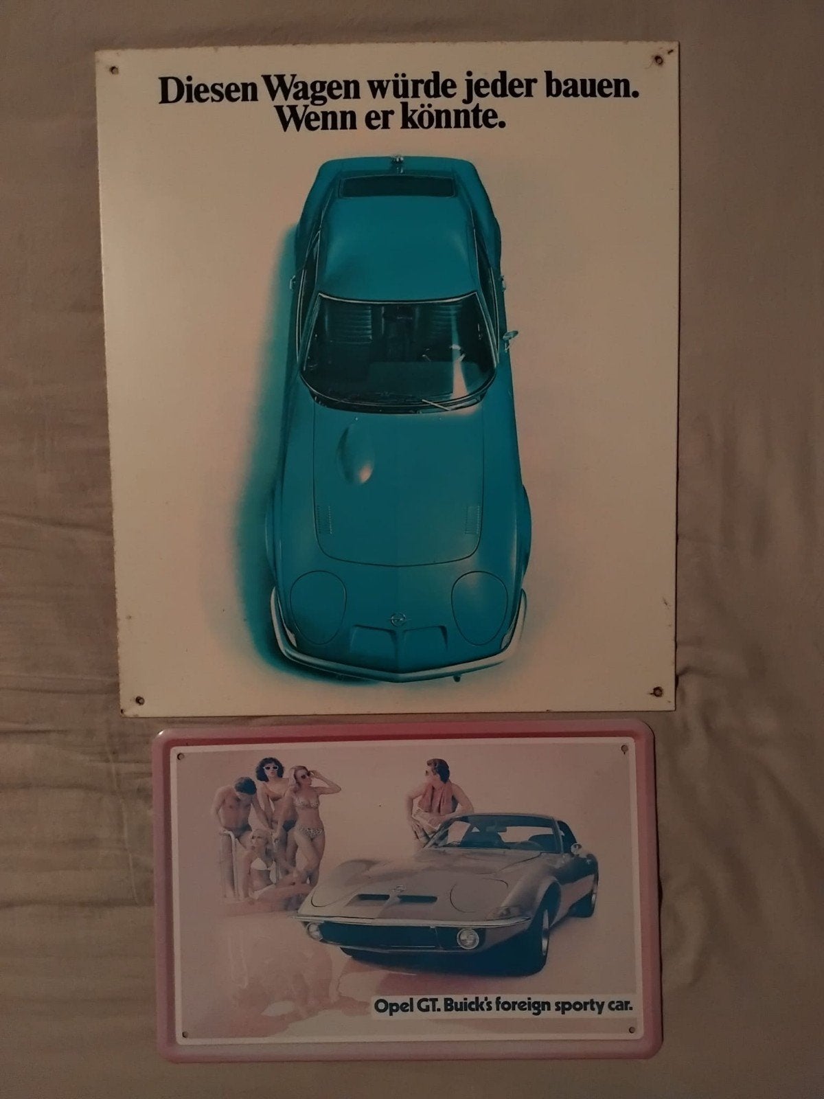 Vintage Opel GT emaille en aluminium reclameborden, Verzamelen, Merken en Reclamevoorwerpen, Ophalen of Verzenden