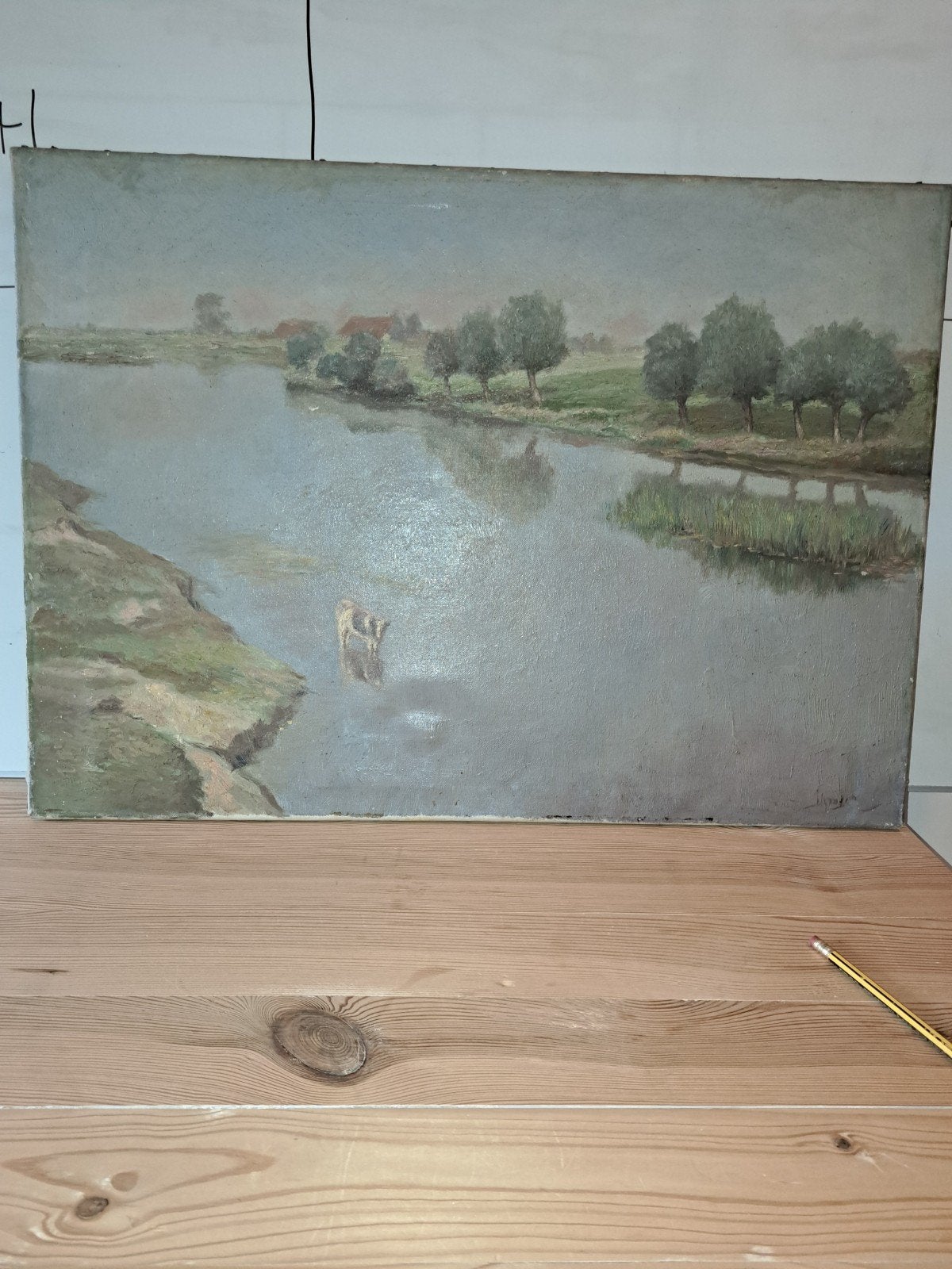 Oud Hollands Landschap Schilderij: Rivier met Koe, Ophalen of Verzenden