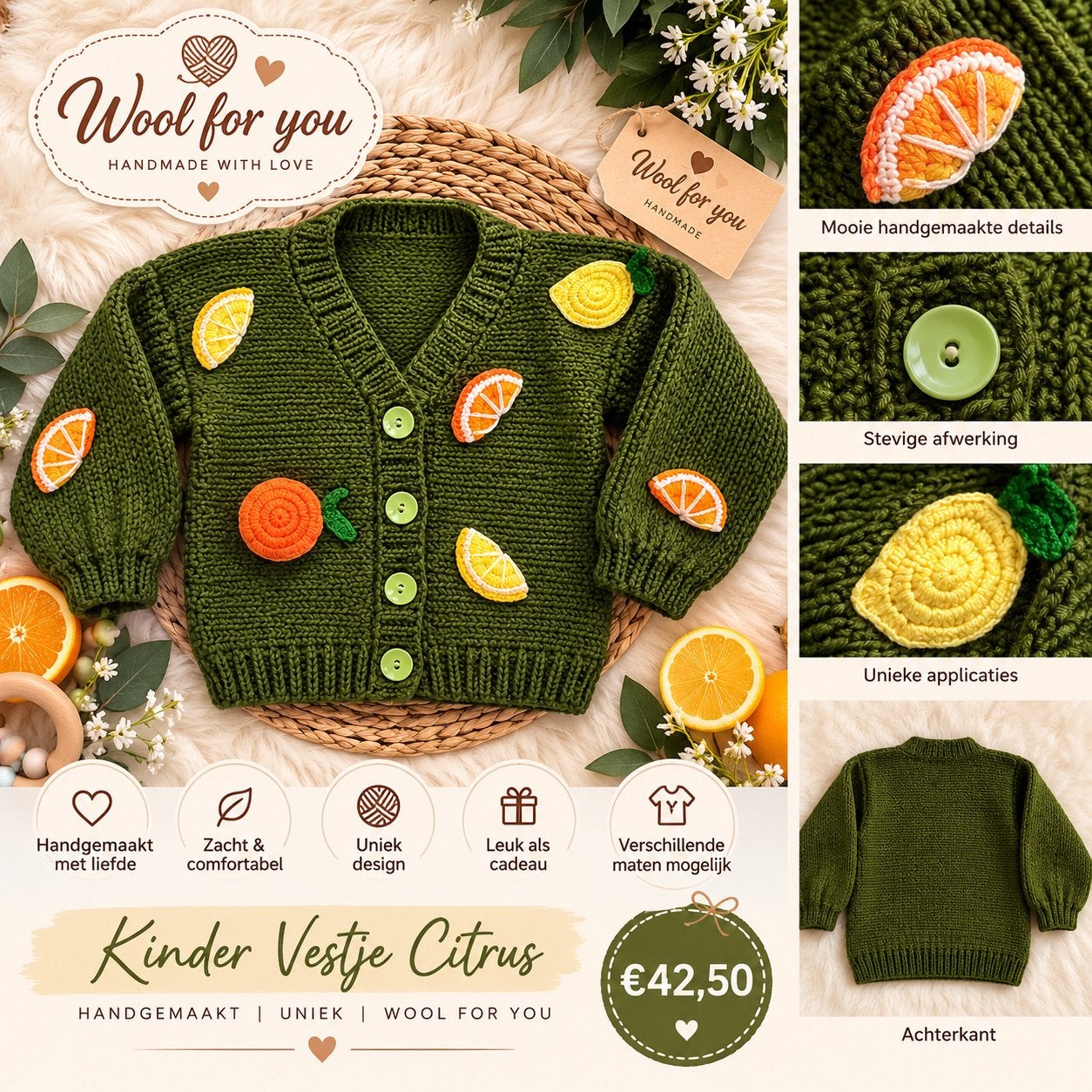 Handgebreid Kinder Vestje Citrus - Uniek & Comfortabel, Ophalen of Verzenden, Nieuw, Jongen of Meisje