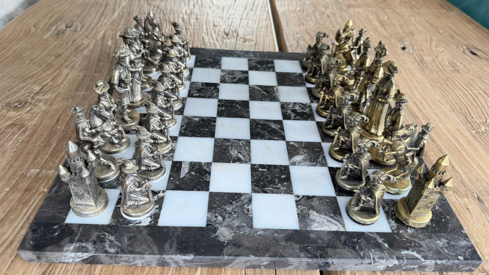 Schaakspel renaissance Lansquenet marmer metaal, Ophalen, Zo goed als nieuw