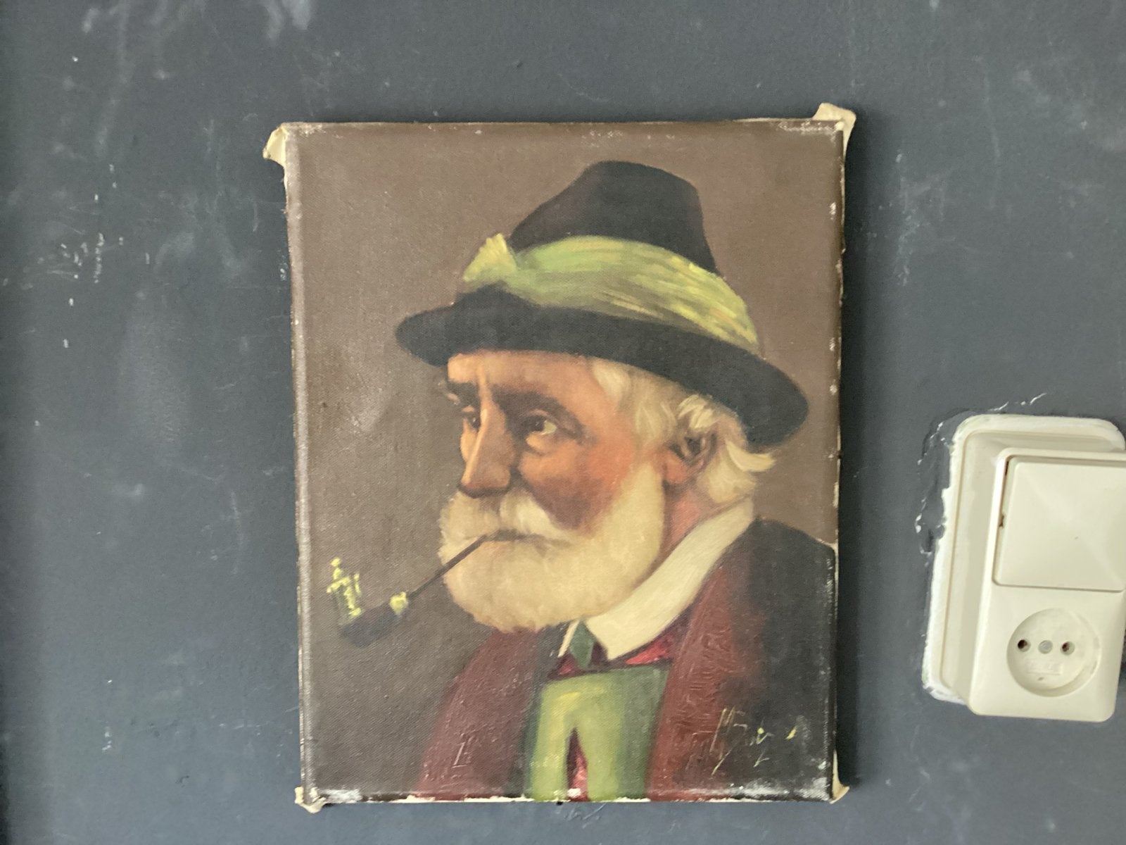 Olieverfschilderij van man met pijp en hoed, Antiek en Kunst, Doek, Portret of Personen, Realistisch, Ophalen of Verzenden