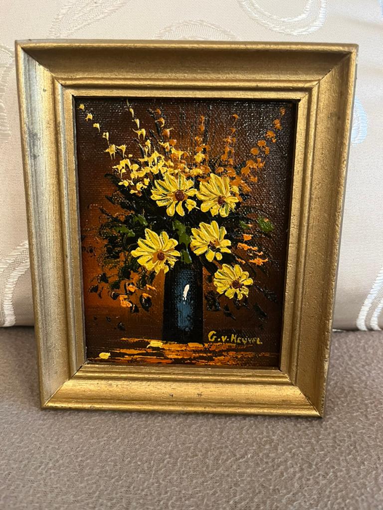 Olieverf miniatuur bloemen schilderij, Antiek en Kunst, Ophalen of Verzenden