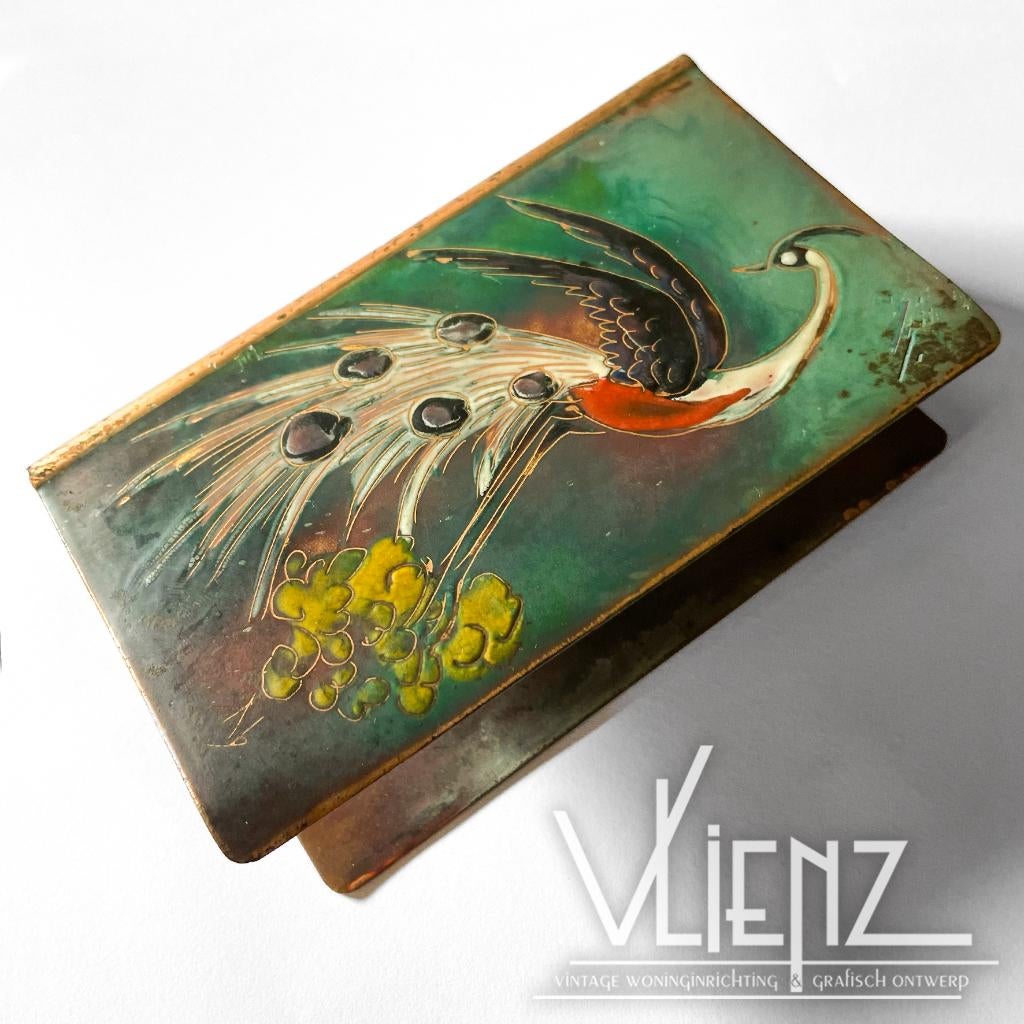 Vintage, brocante koperen luciferdoosjes houder emaille pauw, Ophalen of Verzenden