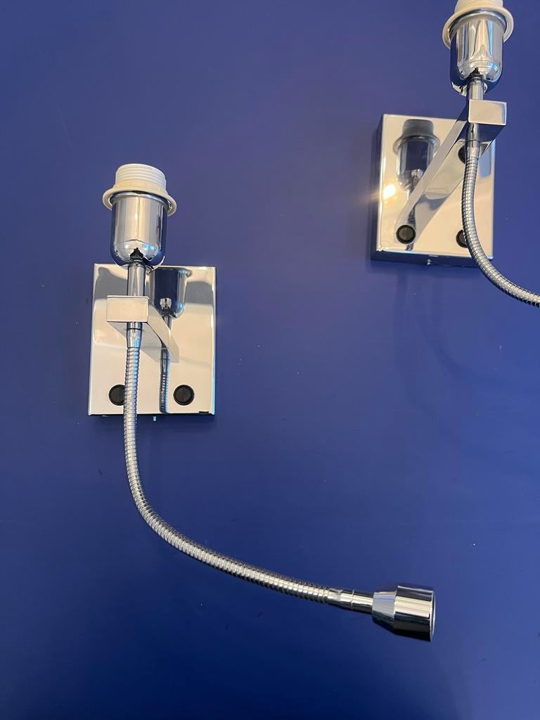 2x Bedlampjes met Leeslicht - Satijn beige kapjes  - Chroom, Ophalen of Verzenden, Hotelstijl