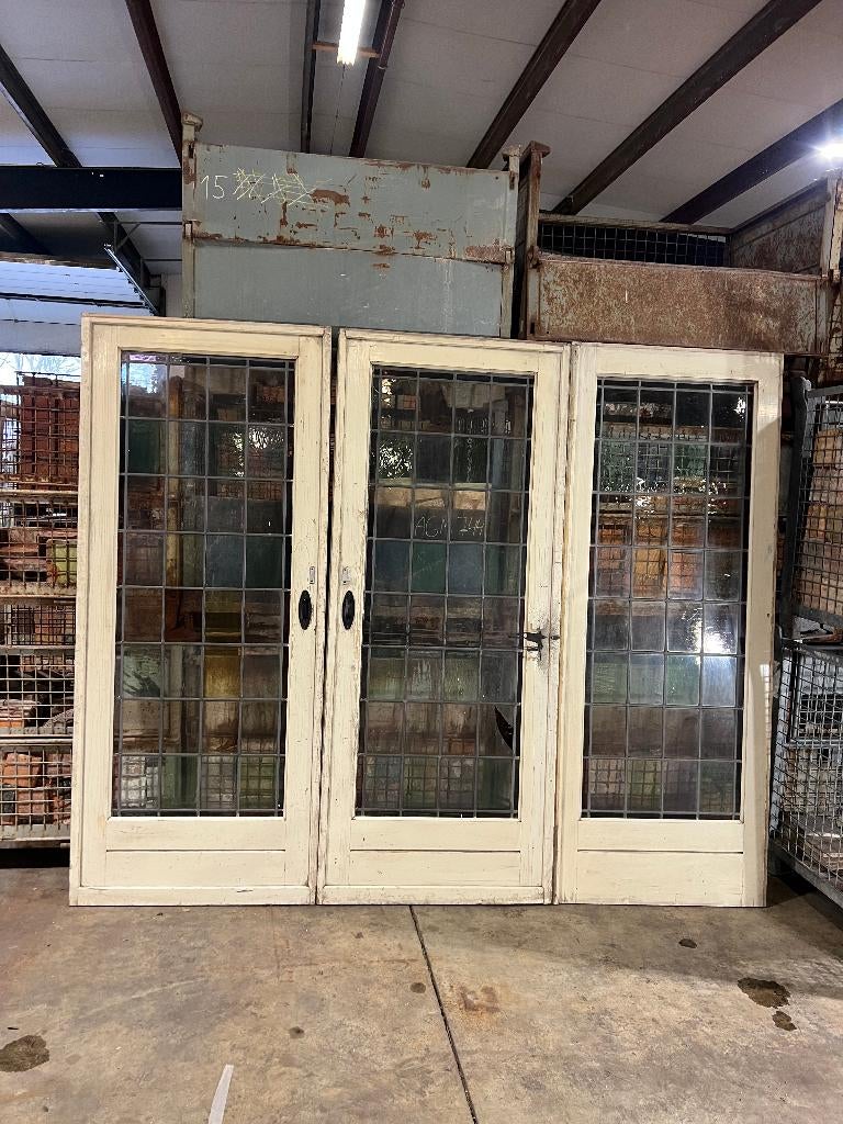 3 delige set oude ensuite / schuifdeuren glas in lood, Ophalen, Gebruikt, 120 cm of meer, Binnendeur