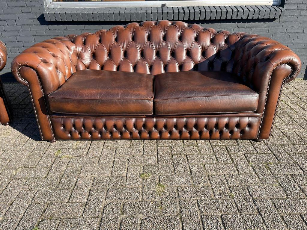 Chesterfield 3 zit bank bruin GRATIS BEZORGD!, Ophalen of Verzenden, Gebruikt, 75 tot 100 cm, Leer