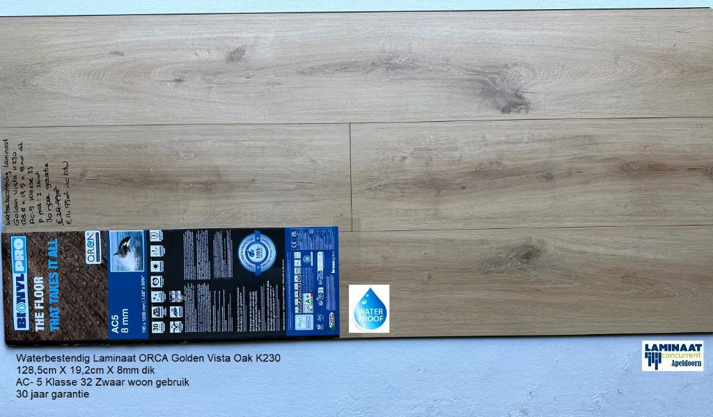 Waterbestendig Laminaat Golden Vista AC-5 8mm €14,95m2, Bruin, 75 m² of meer, Nieuw, Waterbestendig laminaat natuur eiken
