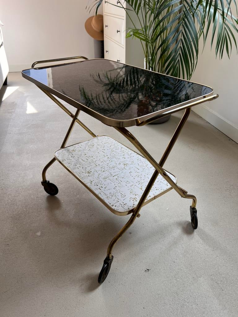 Vintage Hollywood Trolley Bijzettafel messing, Huis en Inrichting, Tafels | Bijzettafels, Gebruikt, Rechthoekig, 60 cm of meer
