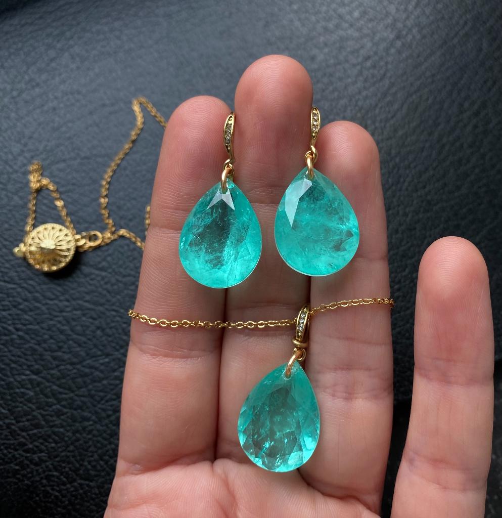 Paraiba set ketting oorbellen verguld 18k, Nieuw, Ophalen of Verzenden, Steen of Mineraal, Met kristal