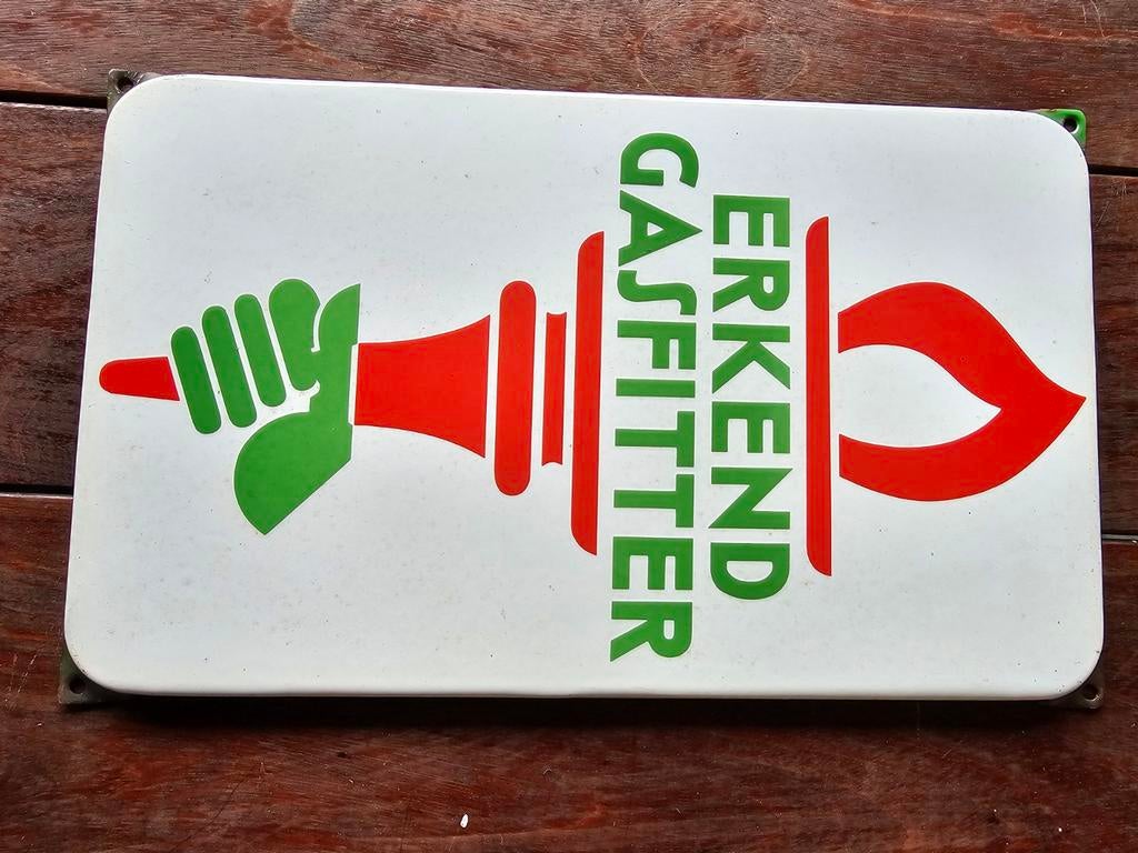 Emaille bord erkend gasfitter, Verzamelen, Ophalen, Gebruikt, Reclamebord