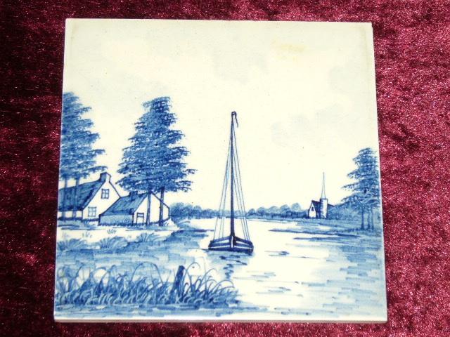 Delfts Blauwe Tegel Landschap/Zeilboot, Ophalen