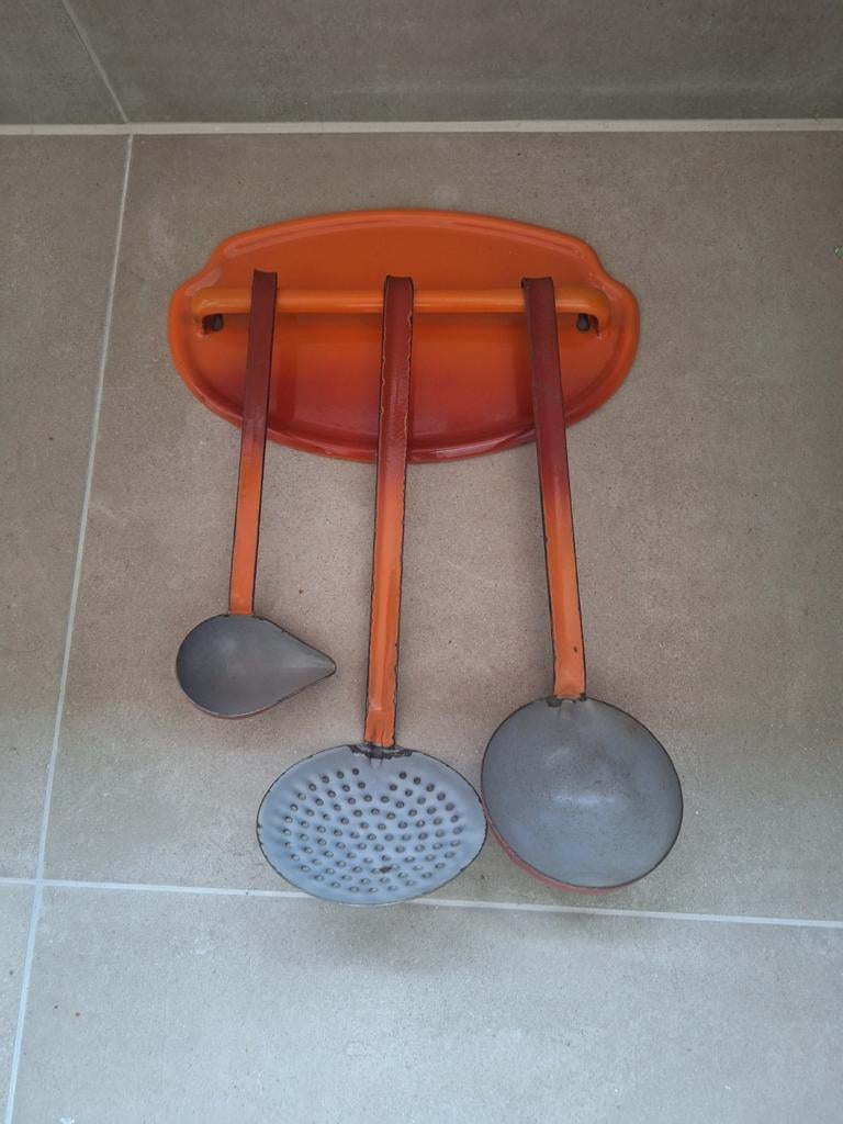 Vintage Emaille Lepelrek met Lepels, Antiek en Kunst, Antiek | Emaille, Ophalen of Verzenden