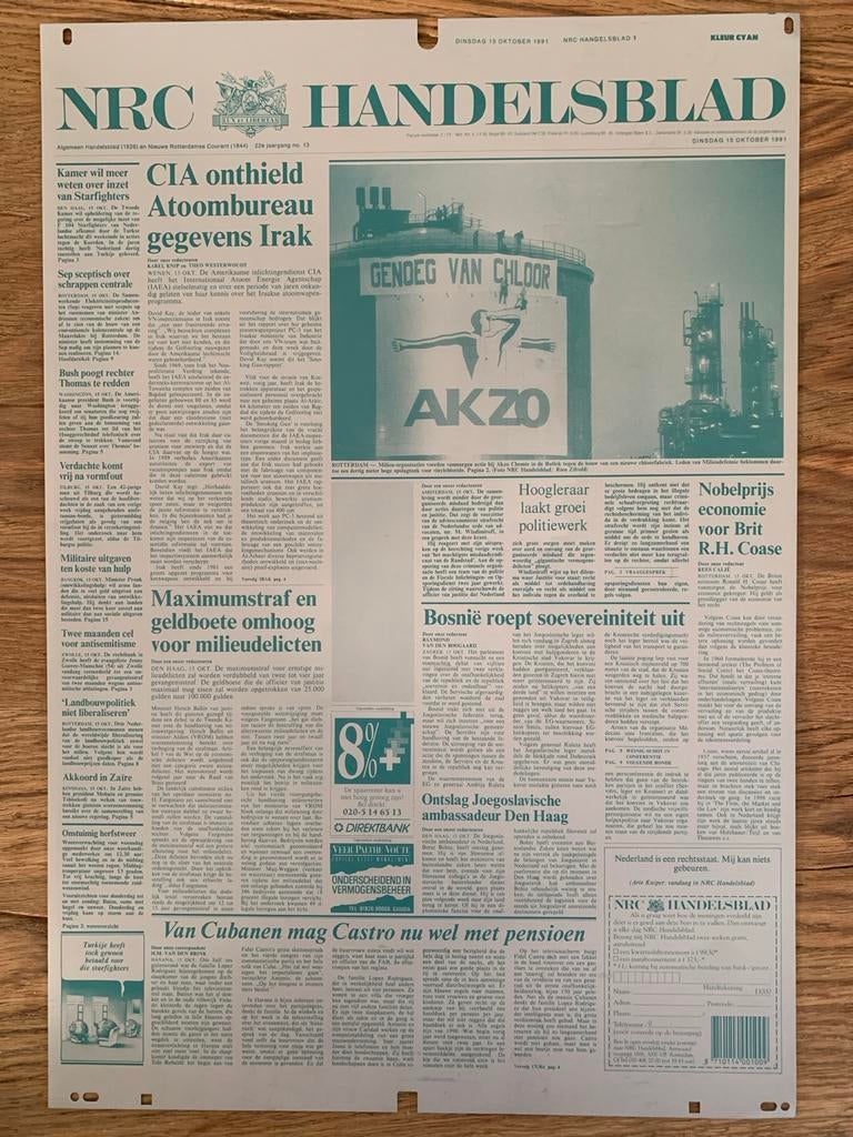 Originele Kranten Drukplaat 1991 - Castro & Nobelprijs, Ophalen