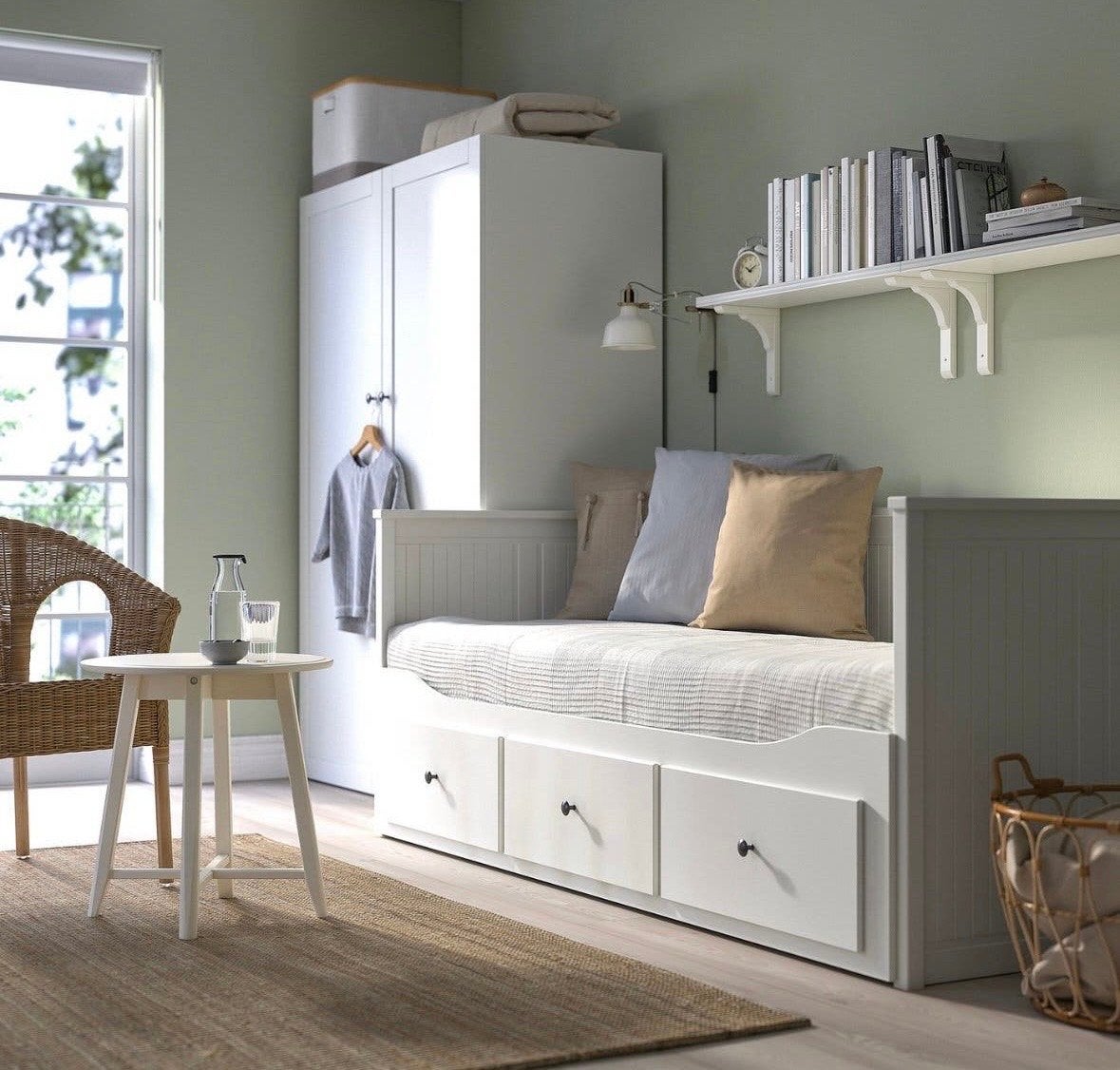 IKEA HEMNES uitschuifbaar bed incl. 2 matrassen, Ophalen, Wit, Tweepersoons, 200 cm
