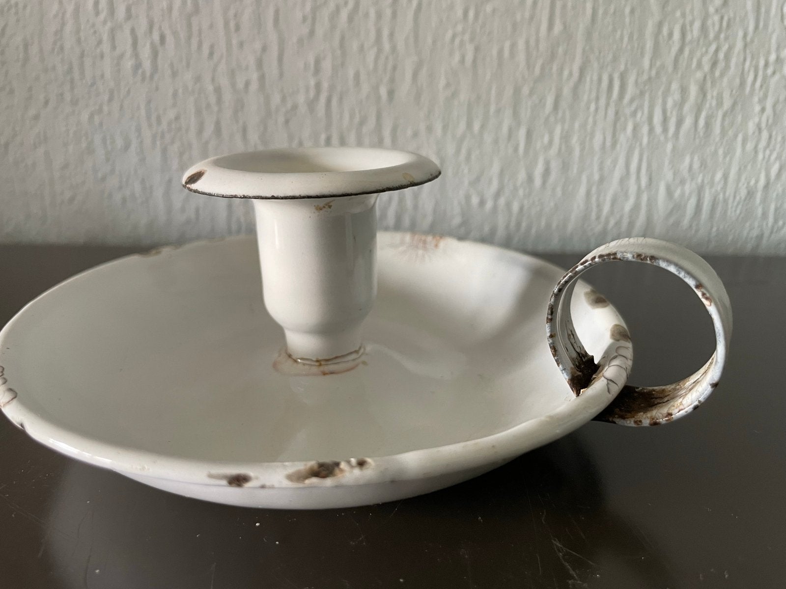 Antieke emaille kandelaar met handvat, Ophalen of Verzenden, Overige materialen