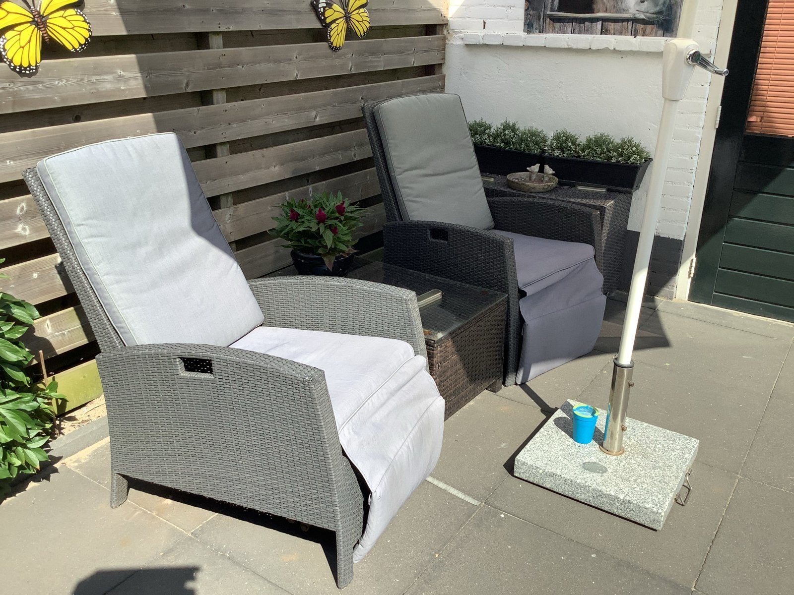 2 verstelbare wicker tuinstoelen met kussens, Tuin en Terras, Tuinstoelen, Ophalen, Gebruikt, Wicker, Verstelbaar