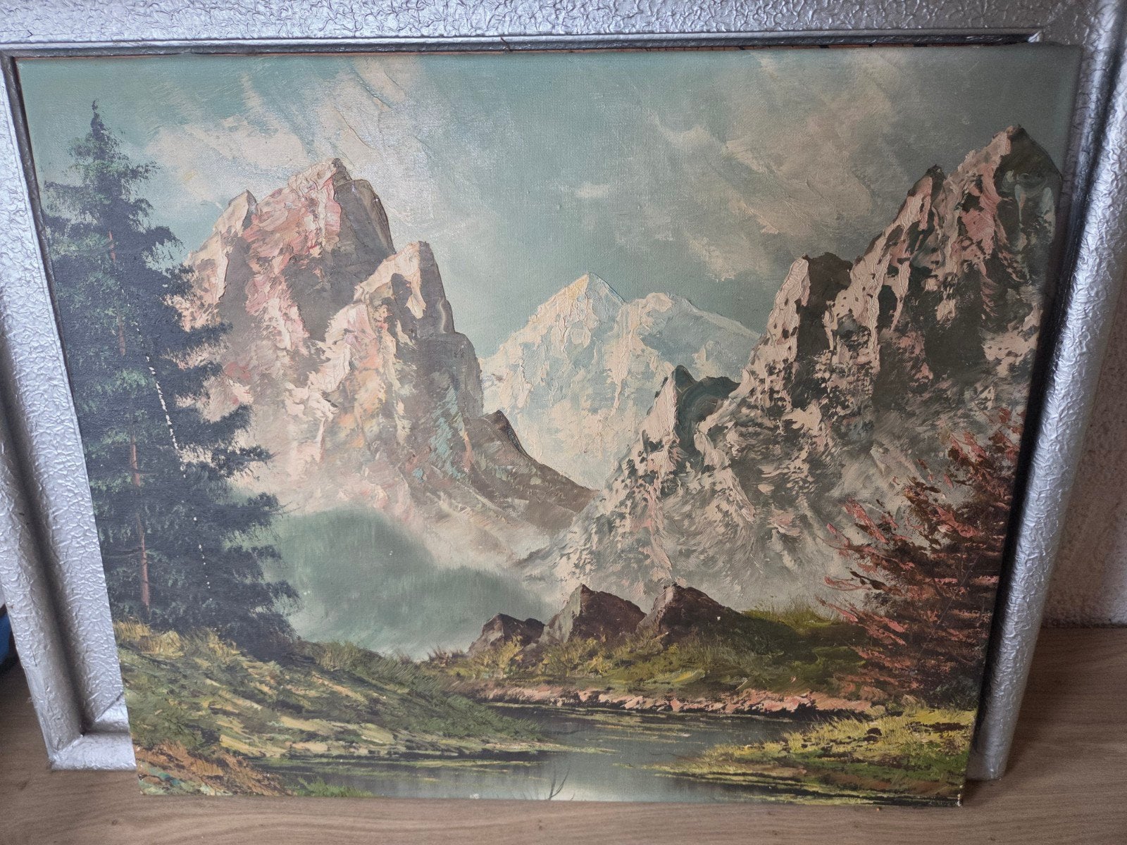 Schilderij berglandschap met water en bomen, Antiek en Kunst, Kunst | Schilderijen | Klassiek, Ophalen, Doek, Realistisch, Landschap