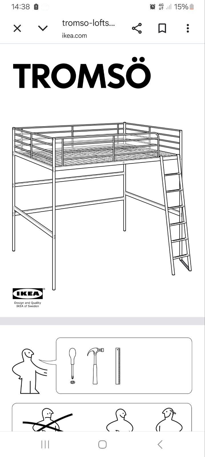 IKEA Tromsö hoogslaper - Zilverkleurig metaal, Gebruikt, Eenpersoons, Ophalen of Verzenden, 200 cm