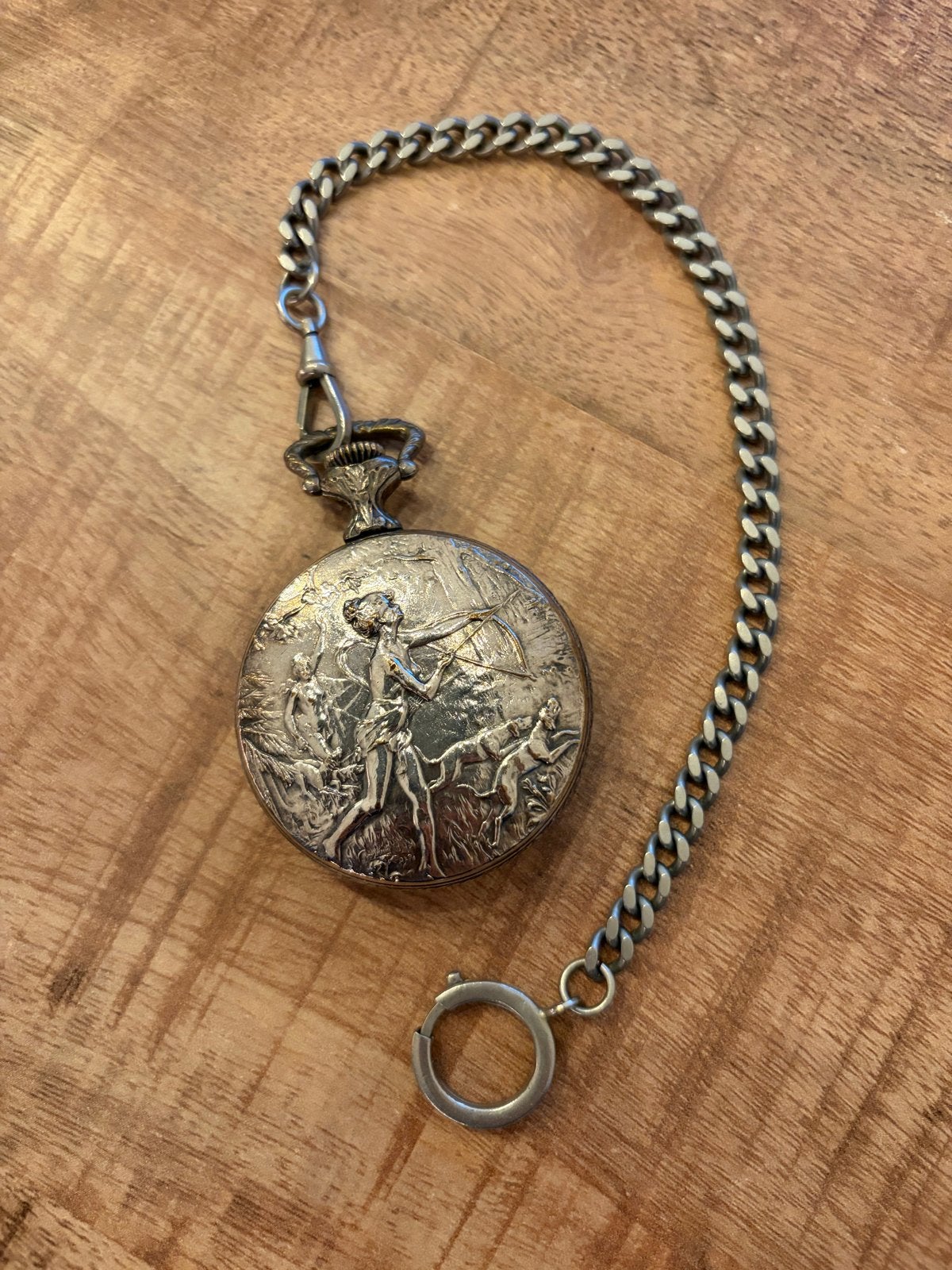 Antiek Zakhorloge PAX met Jachtscène en Ketting, Overige merken, Overige materialen, Zakhorloge, 1900 tot 1930