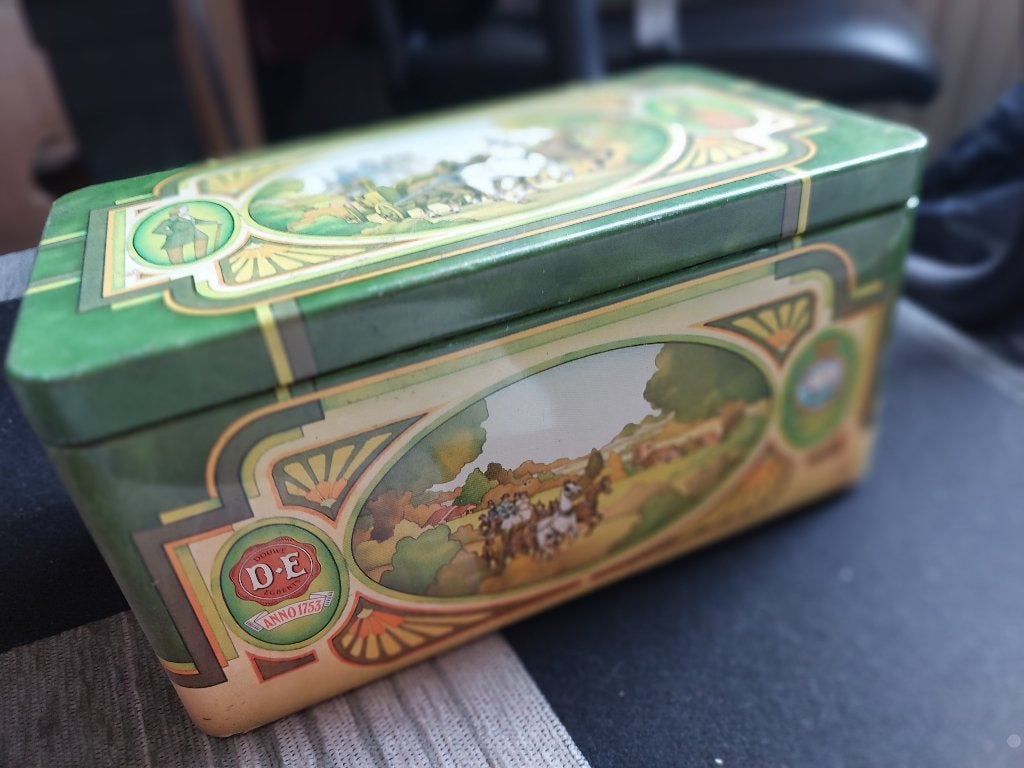 Douwe Egberts blik met paardenafbeeldingen, Verzamelen, Ophalen of Verzenden, Gebruikt, Koffie, Douwe Egberts