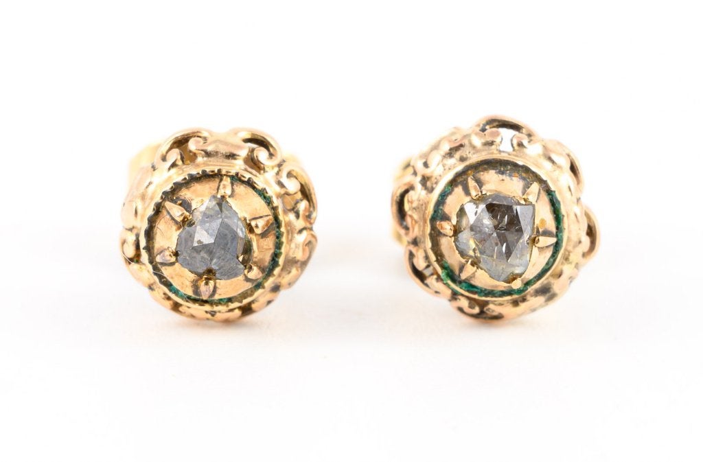 Diamantie oorbellen oorstekers 14 K goud circa 1880, Ophalen, Goud, Oorbellen, Met edelsteen