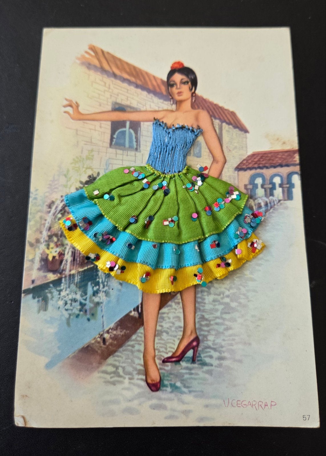 Vintage Spaanse danseres ansichtkaart met stoffen jurk, Verzenden, 1960 tot 1980, Gelopen, Kinderen