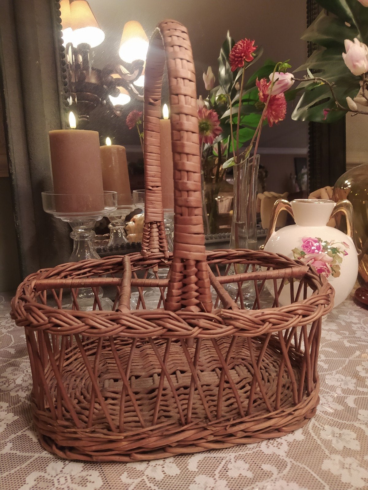 Vintage rieten flessenmand met handvat, Ophalen of Verzenden