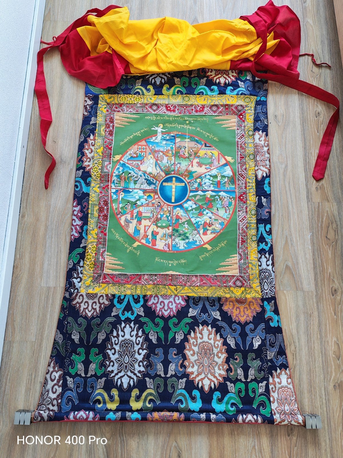 Unieke Tibetaanse Thangka – Christelijk Levenswiel, India, Ophalen of Verzenden, Wanddecoratie, Overige materialen