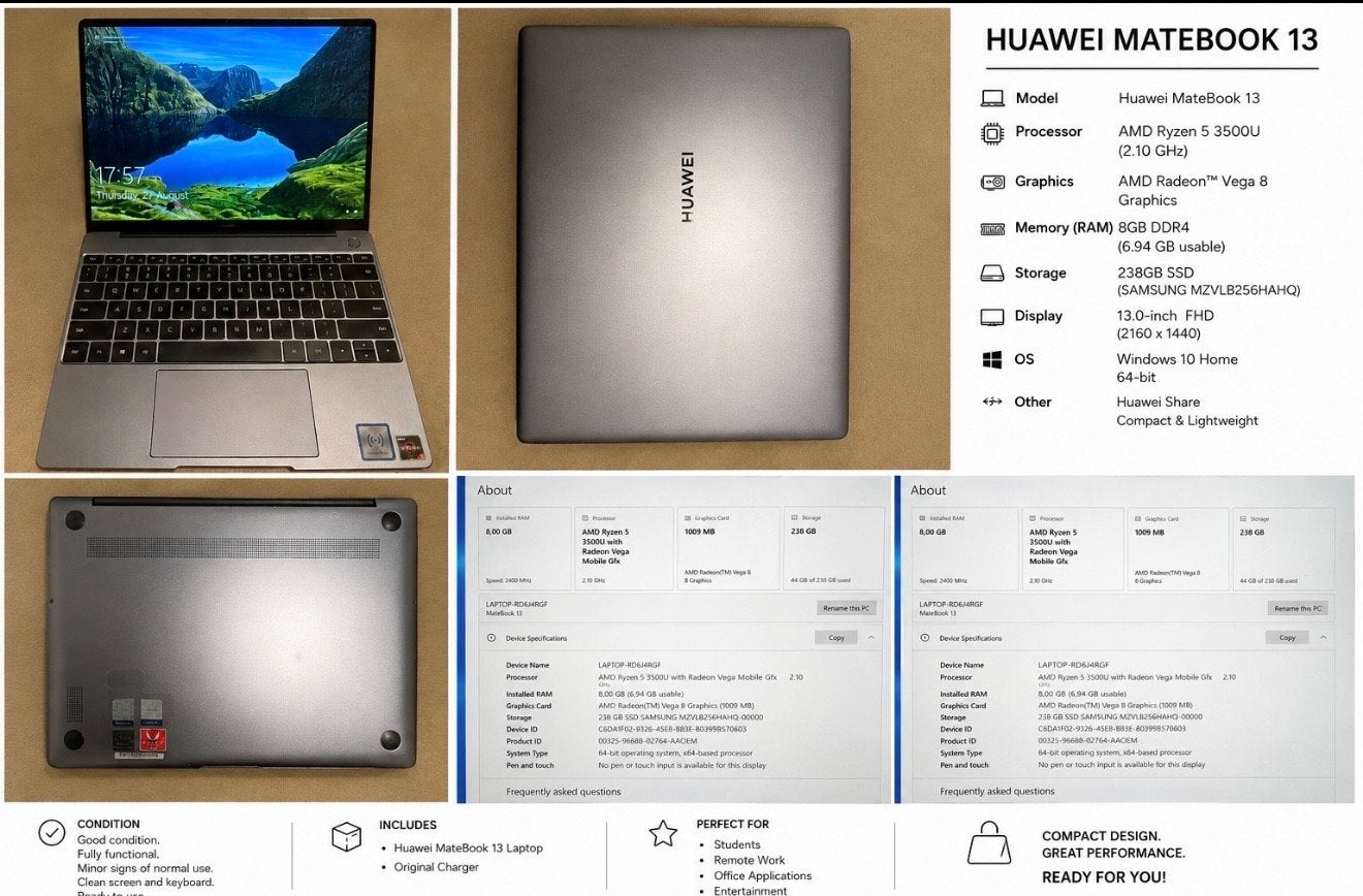 Huawei MateBook 13 - AMD Ryzen 5, 8GB RAM, 256GB SSD, Met videokaart, 2 tot 3 Ghz, Qwerty, 8 GB