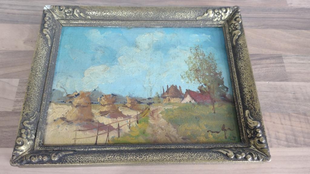 Oud schilderij met landschap, gesigneerd, 28x24 cm, Antiek en Kunst, Kunst | Schilderijen | Klassiek, Ophalen of Verzenden