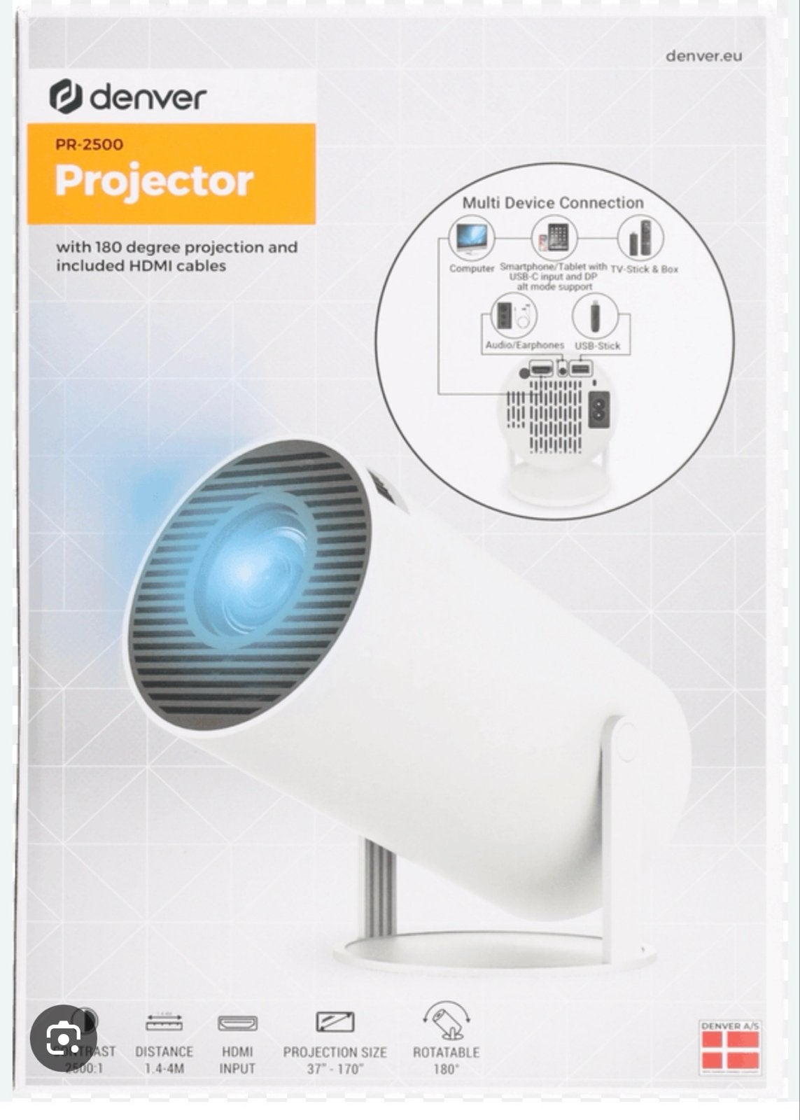 Denver PR-2500 Projector met 180 graden projectie, LED, Nieuw, Ophalen of Verzenden, Overige resoluties
