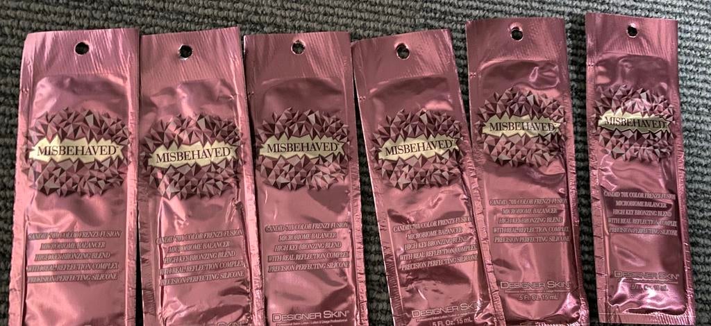 6x nieuwe zonnbankcreme 15ml designer skin misbehaved, Ophalen of Verzenden, Nieuw, Zonnebrand of After Sun