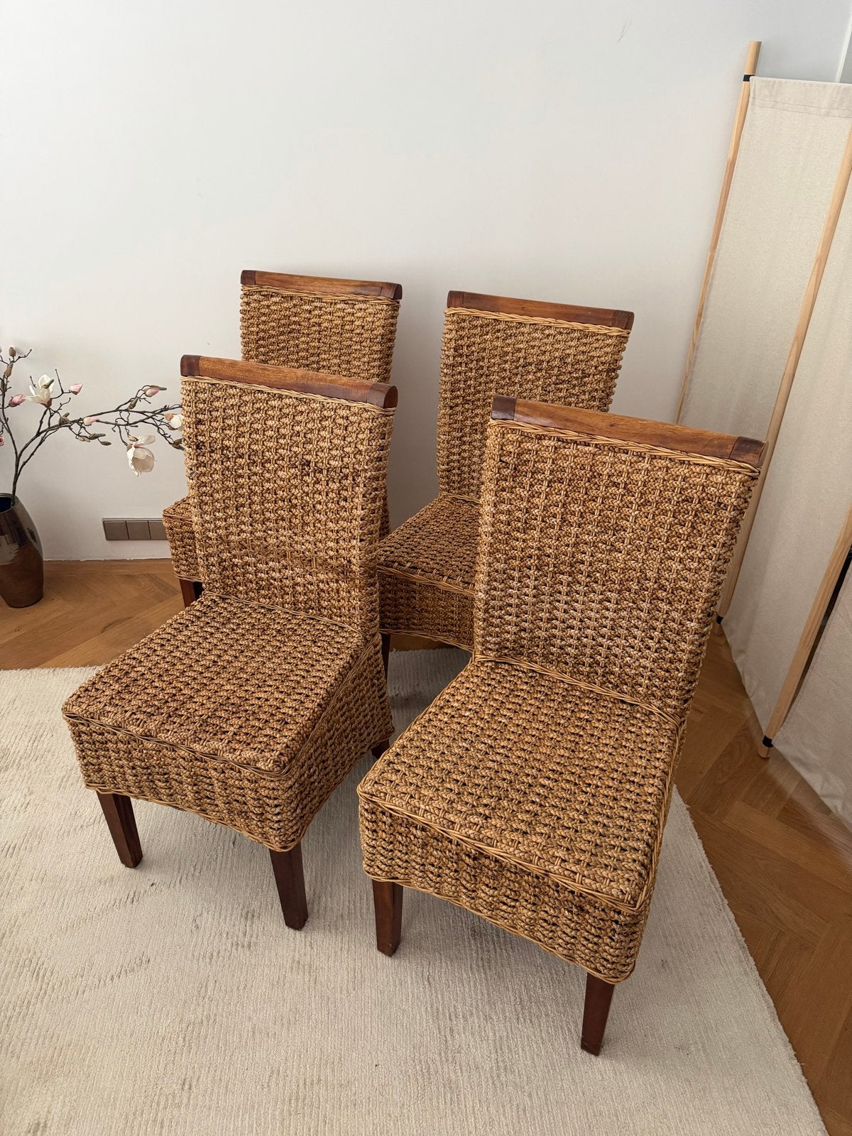 4 wicker dining chairs, banana leaf weave Mendler M45, Ophalen, Gebruikt, Bruin, Vier