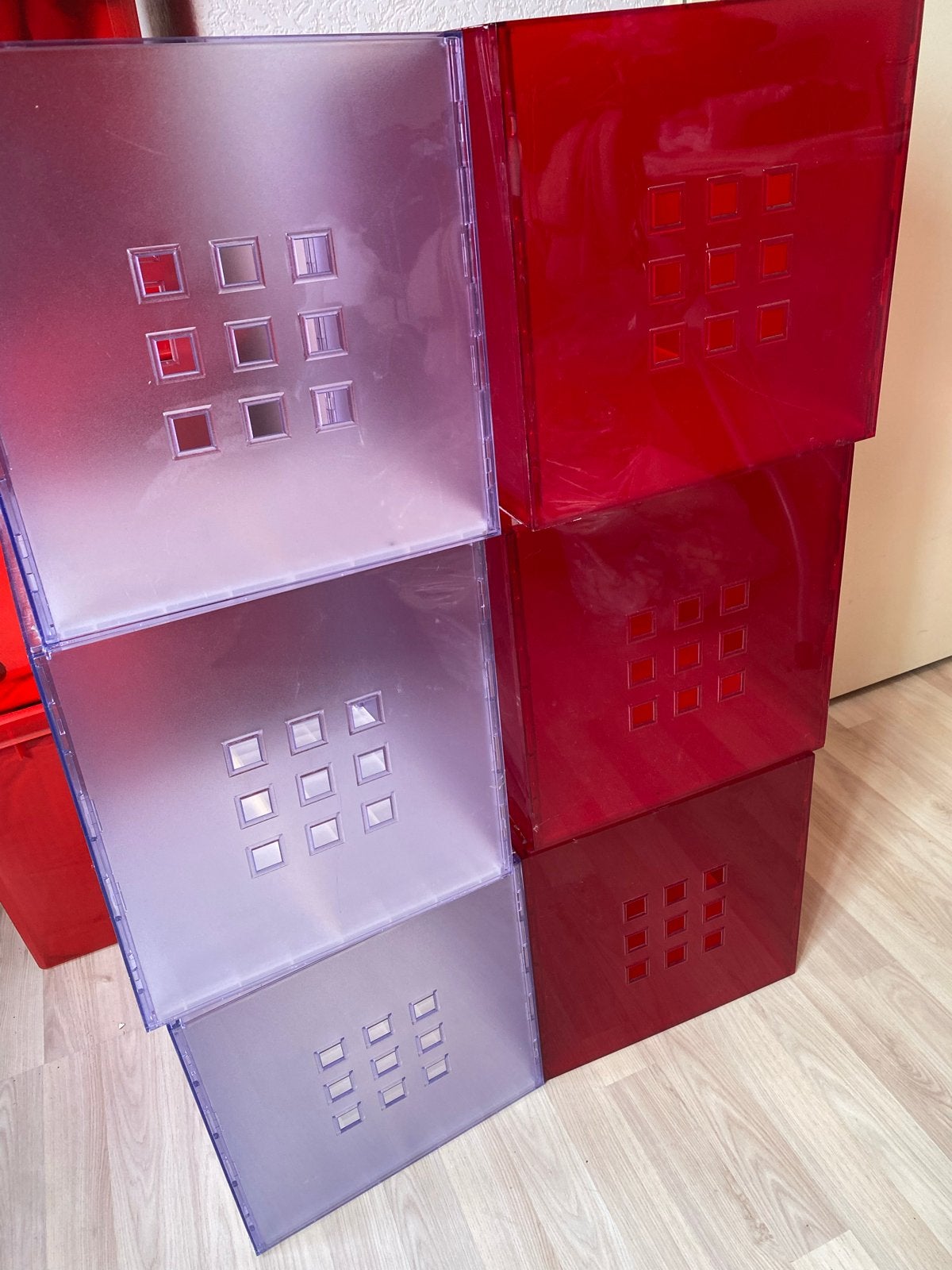 IKEA KALLAX opbergboxen 3x transparant 3x rood, Ophalen, Kunststof, Gebruikt, 150 discs of meer