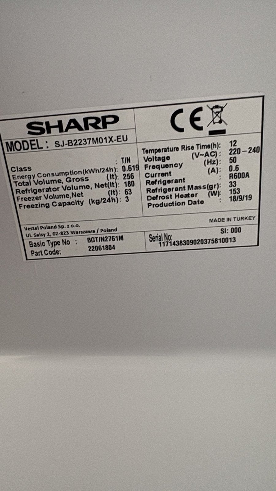Sharp Koelkast met vriesvak - A++:  SJ-B2237M01X-EU, Ophalen, Gebruikt, 200 liter of meer, Met aparte vriezer
