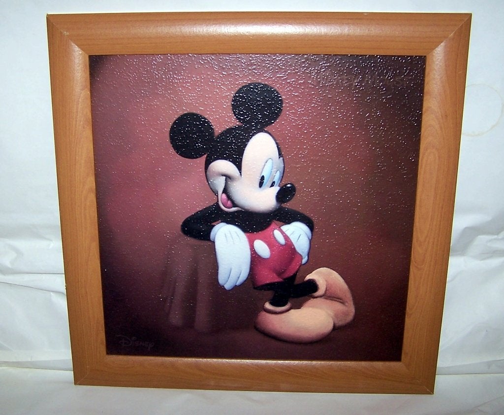 Prachtig Mickey Mouse schilderij. Houten lijst. 40x40cm. Nws, Verzamelen, Ophalen of Verzenden, Mickey Mouse, Zo goed als nieuw