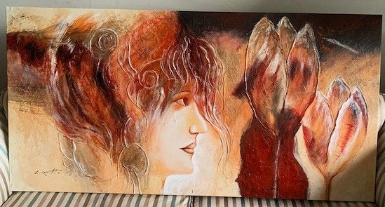 GROOT) - Portret vrouw en tulpen ca. 1990 - gesigneerd, Antiek en Kunst, Kunst | Schilderijen | Klassiek, Ophalen, Origineel werk